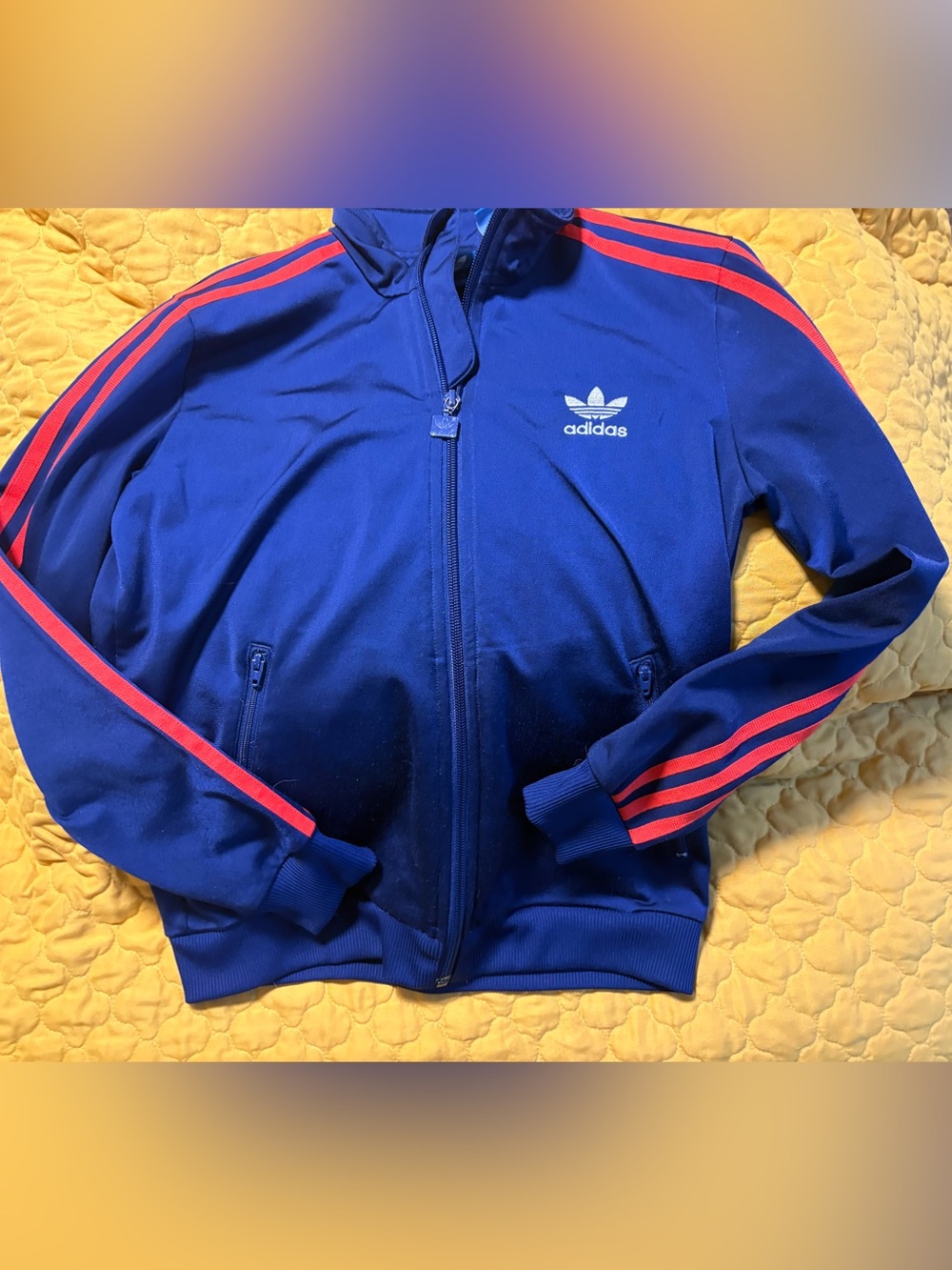 adidas size 10-12Y Royal Blue Track Jacket with Red Stripes, silver emblem